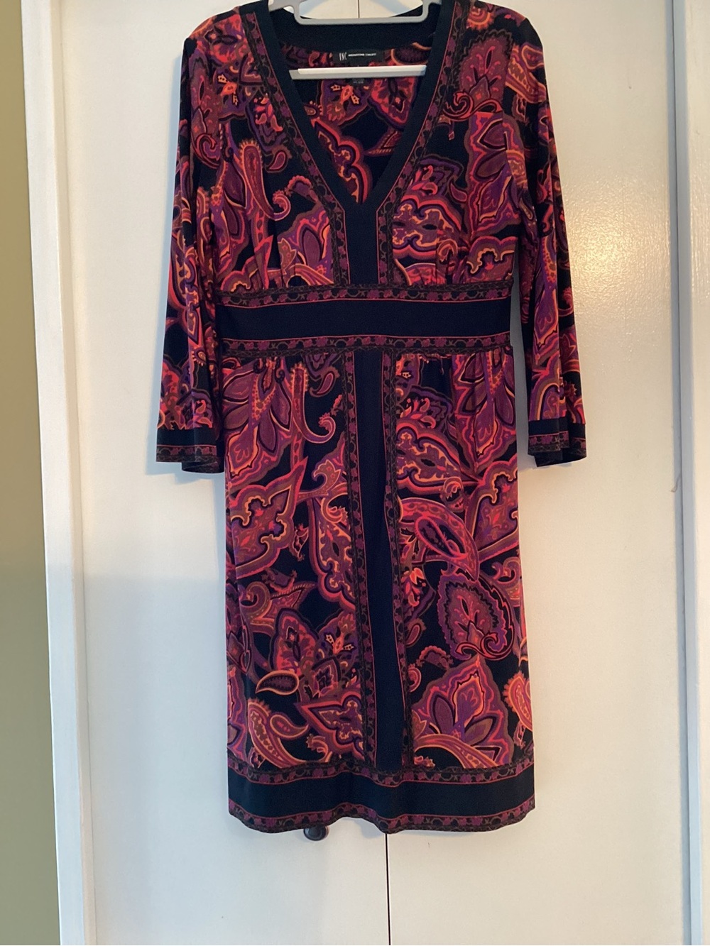 INC International Concepts Purple, Red and Black Paisley V-Neck Dress